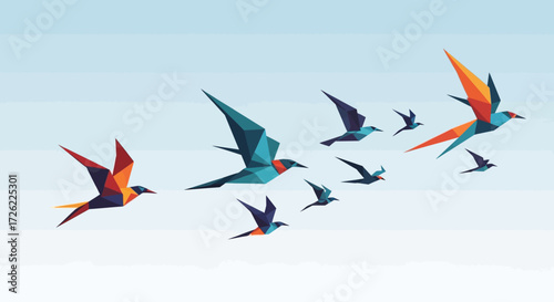 Flock of colorful birds in flight, low poly style.
