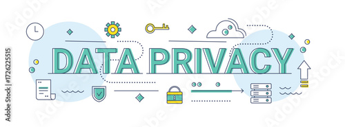 Data Privacy Concept Illustration: Central Sign Surrounded by Icons Representing Privacy Policy, Data Flow, Security Measures, and Information Protection