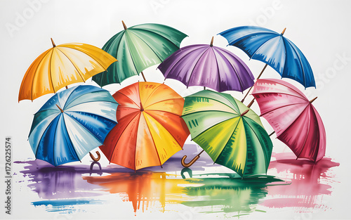 Watercolor Umbrellas in Rainbow Colors Reflections on Ground Colorful Parasols Rainy Weather Concept