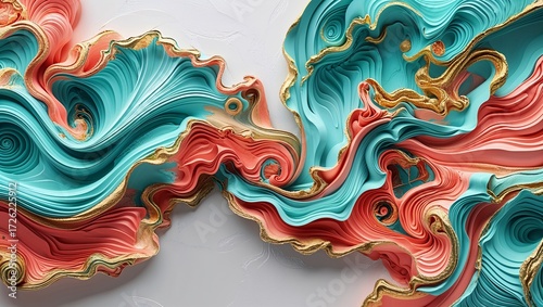 Abstract Swirling Teal, Coral, and Gold Art; Modern Artistic Background for Design Projects