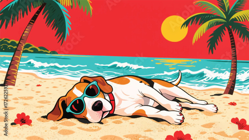 Dog Lying on the Beach Illustrator Artwork Banner Background Design Template 