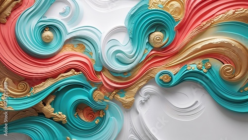 Abstract Swirling Teal, Coral, and Gold Art Background; Modern Elegant Design Texture