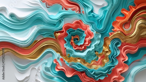 Abstract Swirling Paper Art Background, Teal, Coral, Gold Waves, 3D Render