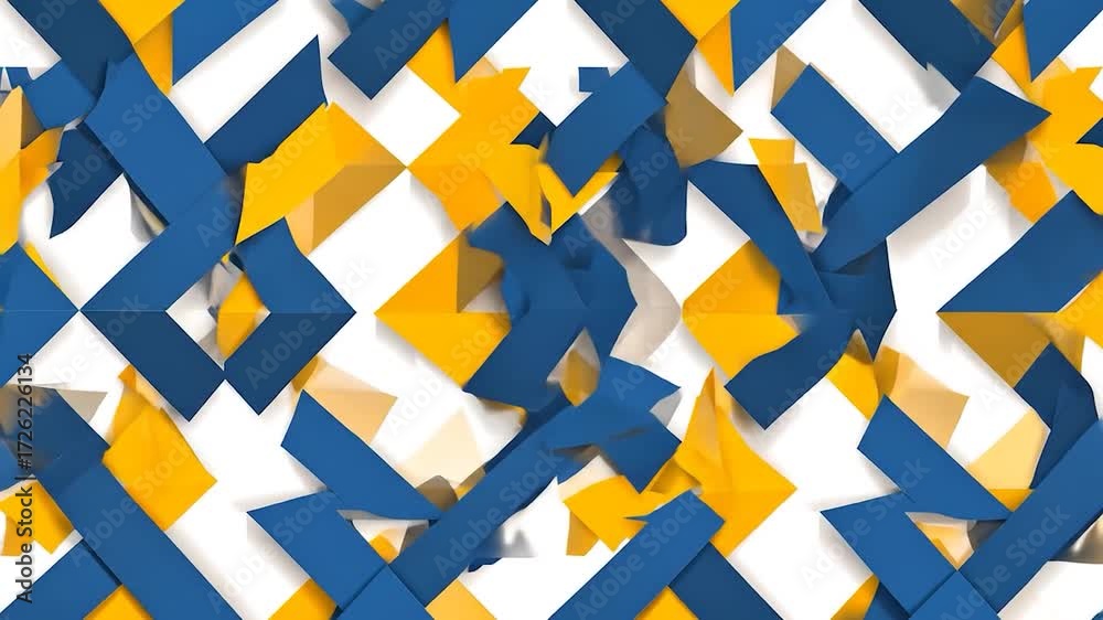 Dynamic blue and yellow geometric patterns ripple and dissolve into a dark void abstract motion