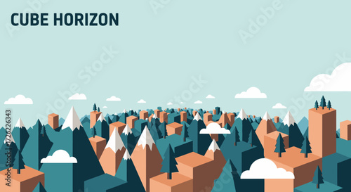 Geometric Mountain Landscape with Cube Horizon and Stylized Trees.