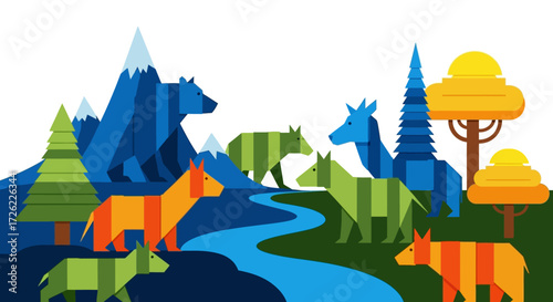Geometric wildlife in a vibrant natural landscape with mountains and trees.