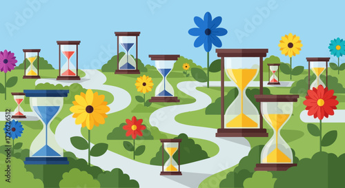 Hourglasses on a winding path through a vibrant landscape.