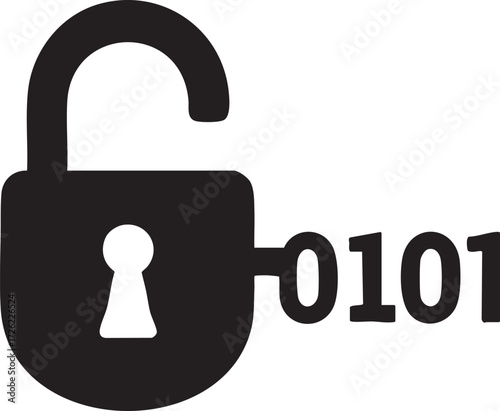 Digital Security Unlock and Binary Code Key Silhouettes Vector