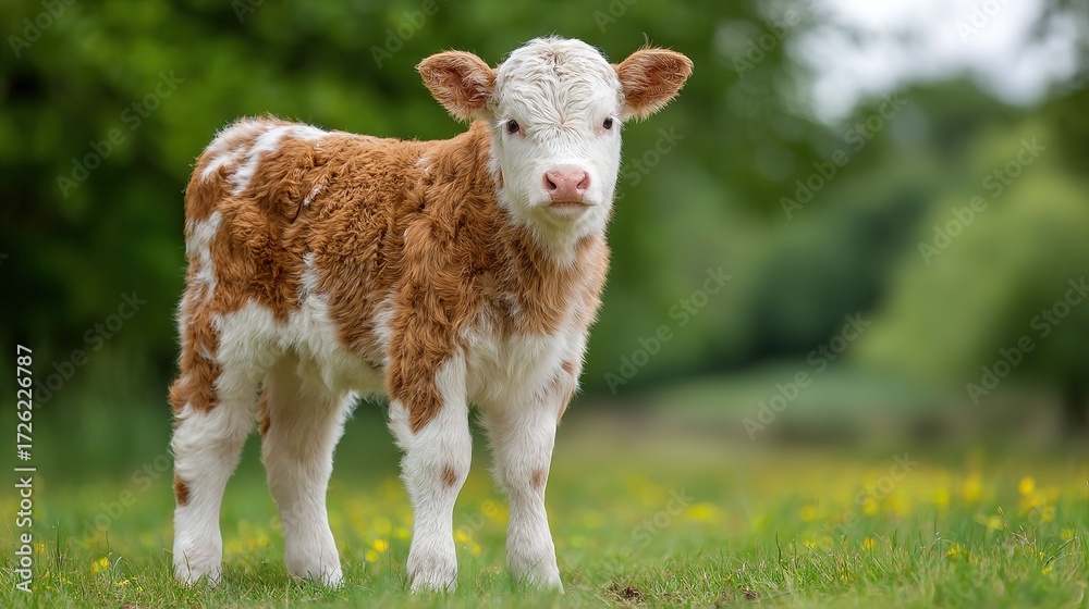 Fototapeta premium Cute young calf standing in vibrant green meadow with wildflowers, natural countryside imagery highlighting livestock life, rural charm, and agriculture