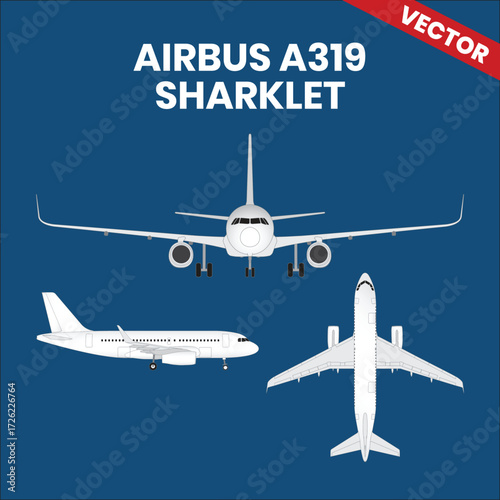Line drawings of Airbus A319 Sharklet aircraft top view side view front view with two jet engine 