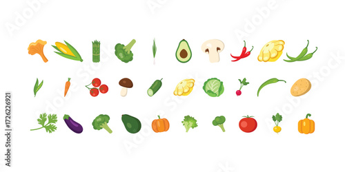 Large collection of Asian vegetables featuring fresh exotic ingredients ideal for healthy vegetarian cooking, grocery, food markets and traditional culinary uses