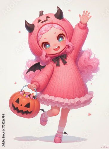 Adorable Halloween Character with Bat Wings and a Pumpkin Basket
