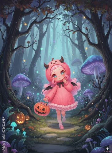 Fantasy Halloween Scene with a Cheerful Pig Character and Glowing Pumpkins
