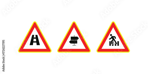Black and yellow warning signs with diagonal stripes for danger, caution, and construction site signage in industrial or safety related vector design themes