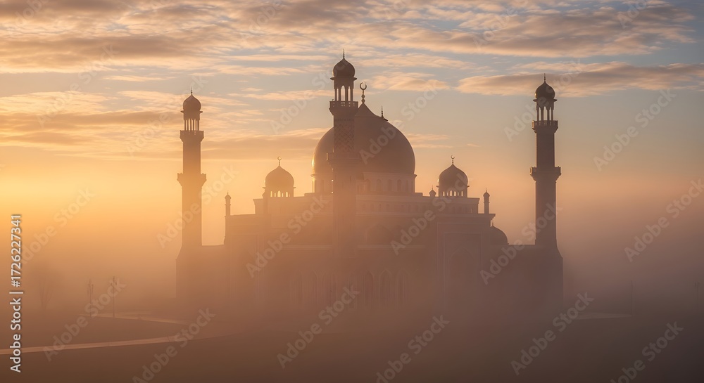 Fototapeta premium Misty sunrise illuminates a grand mosque with towering minarets and domes, creating a serene atmosphere