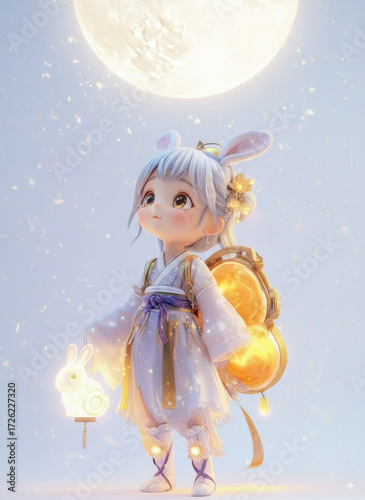 Fantasy Moonlit Scene with a Girl and a Lantern