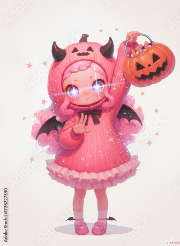 Adorable Halloween Character with Bat Wings and a Pumpkin Basket