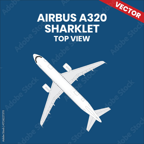 Line drawings of Airbus A320 Sharklet aircraft top view with two jet engine 