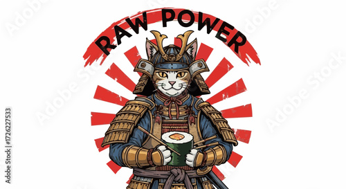 Fierce Samurai Cat in Traditional Armor Holding Sushi Roll with "RAW POWER" Text and Japanese Rising Sun Background