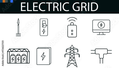 “Electric Grid Icon Set: 9 Modular Black & White Glyphs for Energy UI, Infrastructure Branding & Smart Power Toolkits”