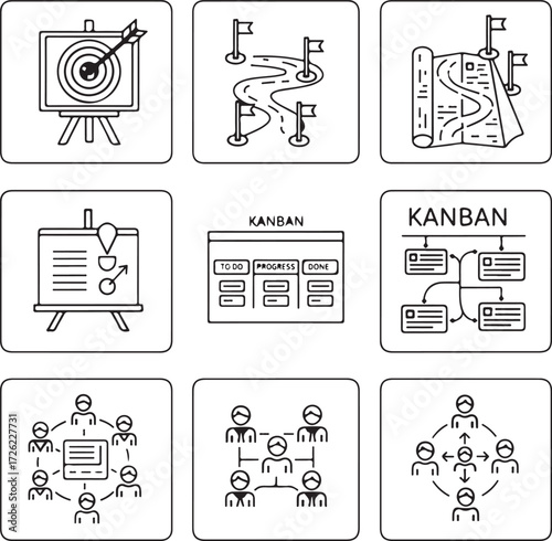 Collection of hand drawn icons for project management and teamwork Keywords: target, dart, board, roadmap