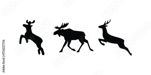 black silhouettes of wild deers – male, female and roe deer