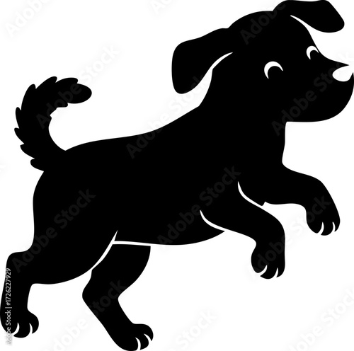 Silhouette of a playful cartoon dog leaping joyfully, tail wagging, against a stark white background, creating a cheerful and whimsical digital art piece.
