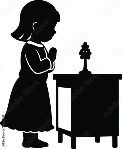 little girl praying at altar black silhouette vect.eps