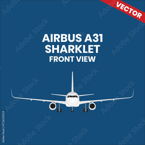 Line drawings of Airbus A321 Sharklet aircraft front view with two jet engine 