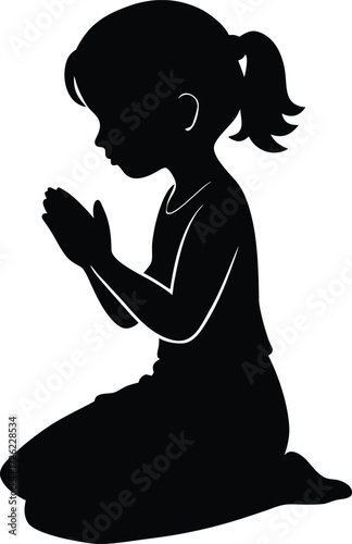 little girl sitting and praying black silhouette v.eps