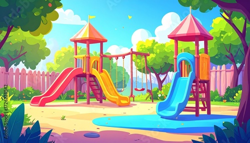 Wallpaper Mural Joyful Playground Adventure: A vibrant illustration of a children's playground with swings, slides, and a cheerful atmosphere, capturing the essence of fun, games, and childhood adventures.  Torontodigital.ca