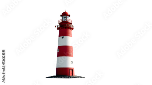 Isolated red and white striped lighthouse against transparent sky