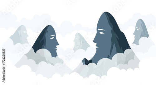 Mountainous Faces Contemplating Serene Clouds in a Dreamlike Landscape.