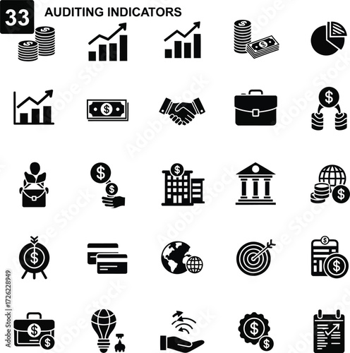 Financial auditing and business growth icon set