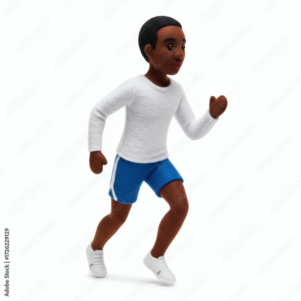 Fototapeta premium Felted doll of a young black man running in athletic shorts and a white long-sleeve shirt