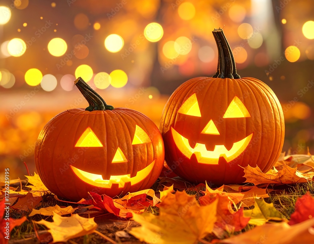 Fototapeta premium Two jack-o'-lanterns in autumn leaves