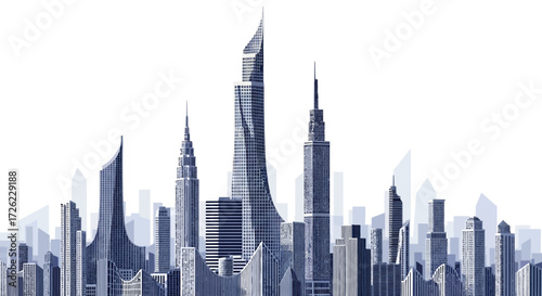 Modern city skyline with tall skyscrapers and architectural designs against a clear sky.