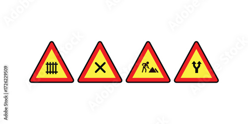 Vector collection of road caution signs including various traffic symbols, warning elements, and directional safety visuals for transportation and urban planning