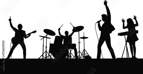 Silhouette rock band musicians performing live concert with singer, guitarist, drummer, and keyboardist, music performance vector illustration, stage entertainment artwork