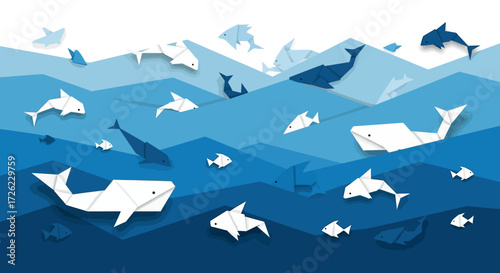 Origami Whales and Dolphins Swimming in a Blue Ocean.