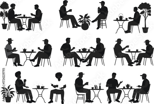 Café silhouette, people talking, tea time, coffee break, table scene, social interaction, plants, chairs, drink, friends, outdoor café, black vector, communication, dining moment