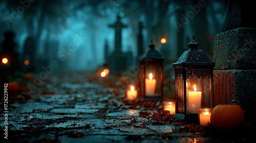 Lanterns and candles illuminate a dark graveyard with crosses in the background.
