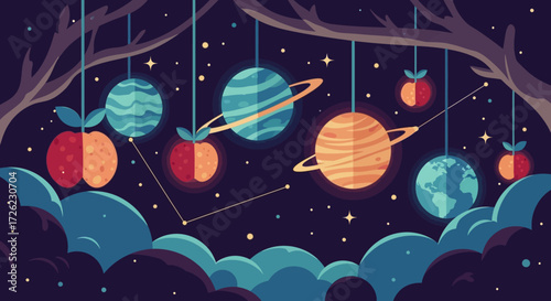 Planets and apples hanging from tree branches in a whimsical night sky.
