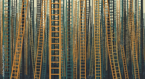 Numerous ladders standing upright creating a dense, vertical pattern.