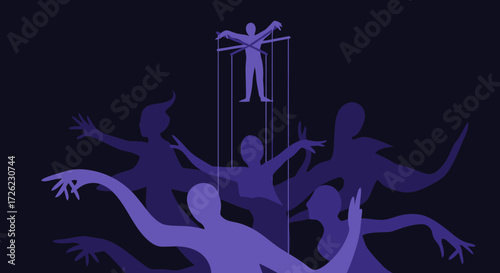 Puppet master controlling figures with strings manipulation concept.