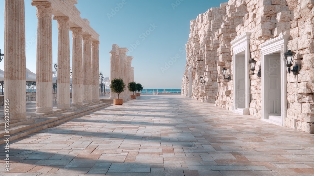 Obraz premium Ancient Greek Temple Ruins With White Pillars Near Azure Sea Under Bright Sunny Sky Architectural Historical Site