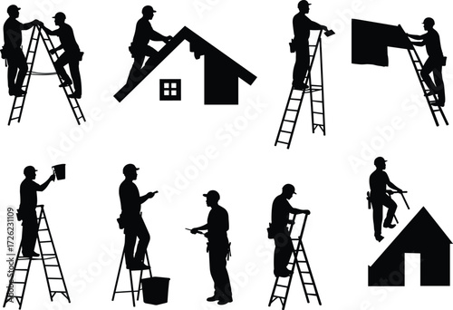 Construction workers silhouette, ladder work, rooftop repair, painting, maintenance, building site, tools, teamwork, labor, industrial, job, safety, architecture, renovation, scaffolding, house