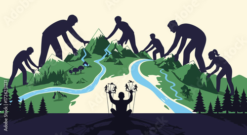 Silhouettes of people shaping a landscape with rivers and mountains.
