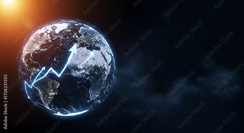Naklejka premium Global business growth concept with a glowing arrow graph over a digital planet Earth at night.
