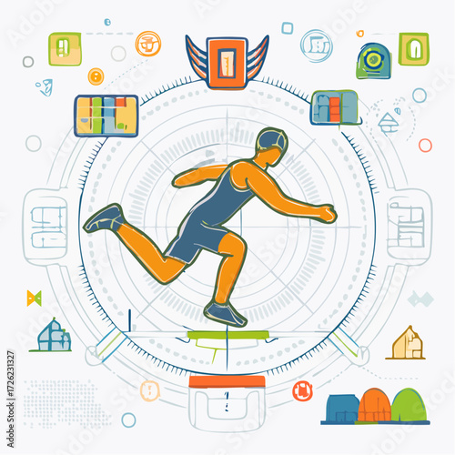 Chroma green athlete in a technology concept illustration with screen designs Green Screen
